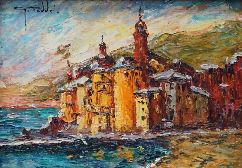 Giorgio Taddei (Italian, 1892-1974), impasto oil on board, ‘Golfo Paradiso’, signed, label verso, 12 x 17cm. Condition - good